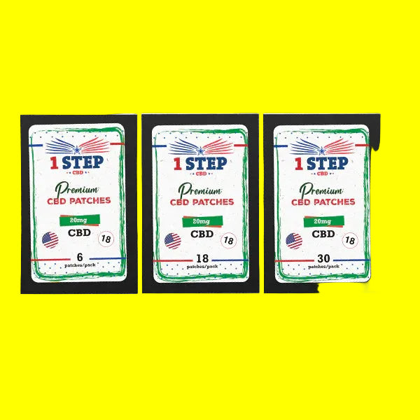 Three packages of 1 Step CBD patches on a white background