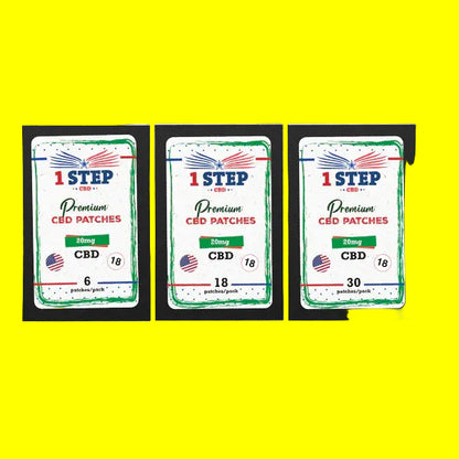 Three packages of 1 Step CBD patches on a white background