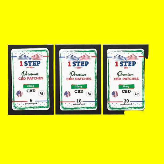 Three packages of 1 Step CBD patches on a white background