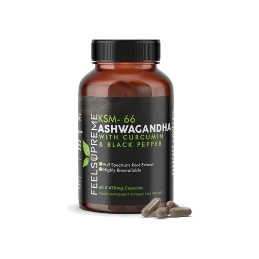 Supplement bottle labeled 'KSM-66 Ashwagandha with Curcumin & Black Pepper' by Feel Supreme on a white background.