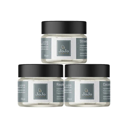Three jars of JoJo cream with black lids on a white background