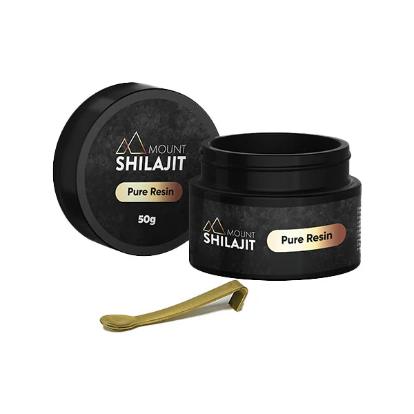 Black container of Mount Shilajit Pure Resin with a scoop on a white background