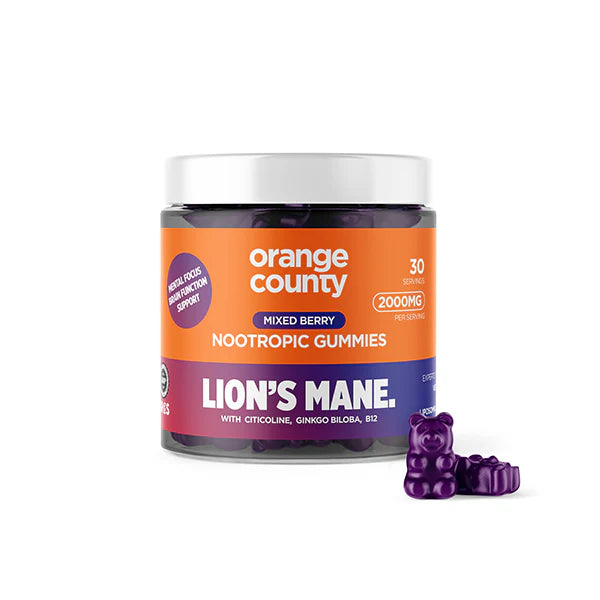 Jar of Orange County Lions' Mane nootropic gummies on a white background